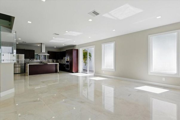 Empty room, Interior, Kitchen, Recessed Lighting, Stainless Steel Appliances