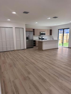 Interior, Kitchen, Recessed Lighting, Stainless Steel Appliances, Wood Texture Flooring