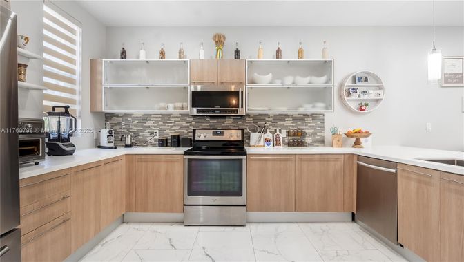 Interior, Kitchen, Marble, Pendant Lights, Stainless Steel Appliances