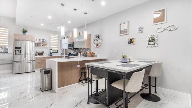 Interior, Kitchen, Marble, Pendant Lights, Recessed Lighting, Stainless Steel Appliances