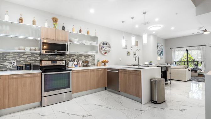 Interior, Kitchen, Marble, Pendant Lights, Recessed Lighting, Stainless Steel Appliances