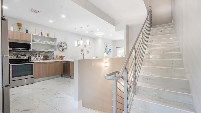Interior, Kitchen, Marble, Pendant Lights, Recessed Lighting, Stainless Steel Appliances