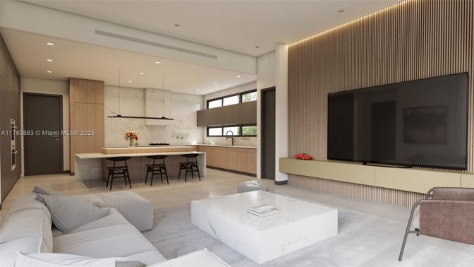 Interior, Kitchen, Living room, Marble Walls, Pendant Lights, Recessed Lighting