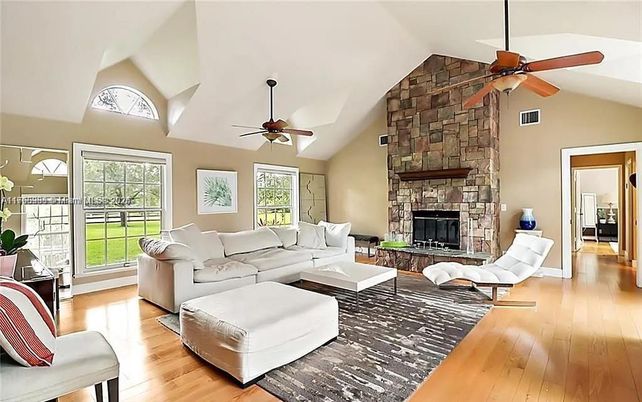Fireplace, Interior, Living room, Stone Walls, Wood Texture Flooring