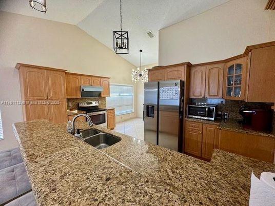 Chandelier, Interior, Kitchen, Pendant Lights, Stainless Steel Appliances