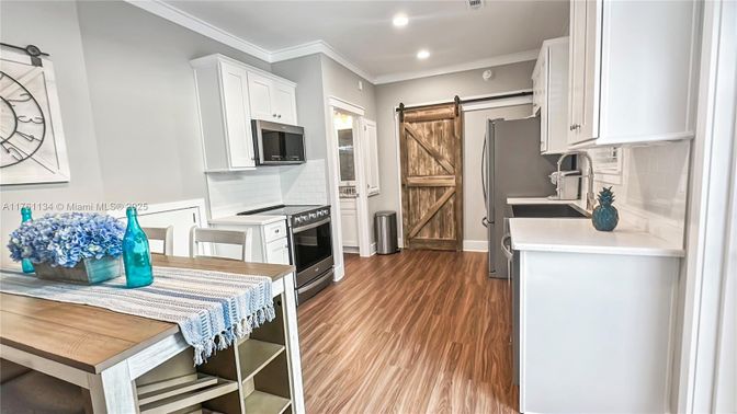 Interior, Kitchen, Recessed Lighting, Stainless Steel Appliances, Wood Texture Flooring