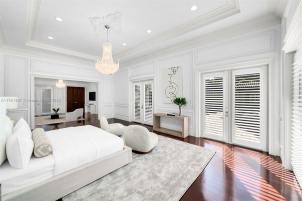 Bedroom, Chandelier, Interior, Recessed Lighting, Wood Texture Flooring