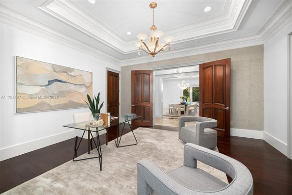 Chandelier, Home Office, Interior, Recessed Lighting, Wood Texture Flooring