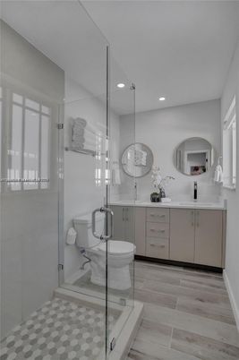 Bathroom, Glass Shower, Interior, Recessed Lighting, Wood Texture Flooring