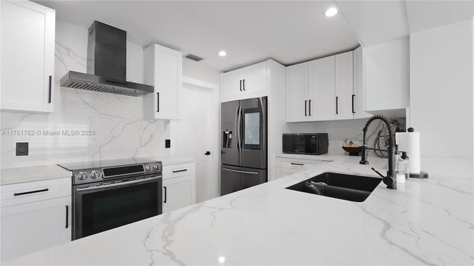 Interior, Kitchen, Marble, Marble Walls, Recessed Lighting, Stainless Steel Appliances
