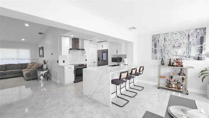 Interior, Kitchen, Living room, Marble Walls, Recessed Lighting, Stainless Steel Appliances