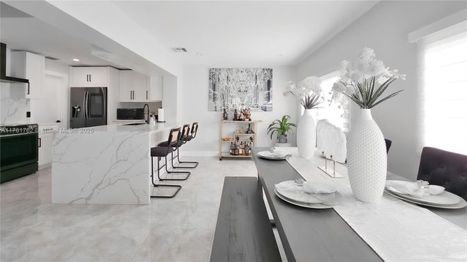 Dining room, Interior, Kitchen, Marble Walls, Recessed Lighting, Stainless Steel Appliances