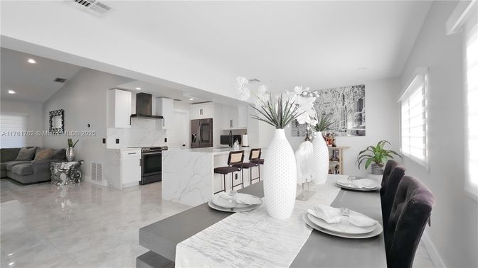 Dining room, Interior, Kitchen, Marble Walls, Recessed Lighting, Stainless Steel Appliances