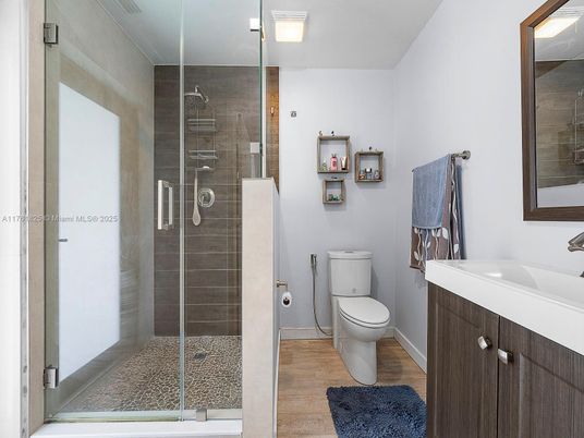 Bathroom, Glass Shower, Interior, Wood Texture Flooring