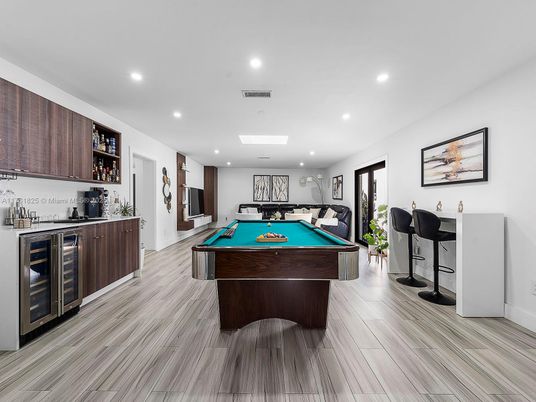 Billiard Table, Game Room, Interior, Recessed Lighting, Wood Texture Flooring