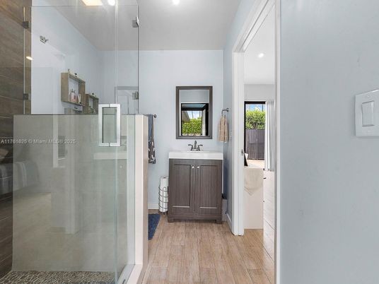Bathroom, Glass Shower, Interior, Recessed Lighting, Wood Texture Flooring
