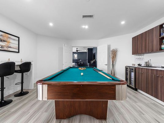 Billiard Table, Game Room, Interior, Recessed Lighting, Wood Texture Flooring