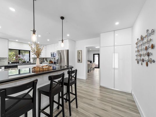 Interior, Kitchen, Pendant Lights, Recessed Lighting, Stainless Steel Appliances, Wood Texture Flooring