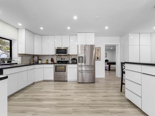 Interior, Kitchen, Recessed Lighting, Stainless Steel Appliances, Wood Texture Flooring
