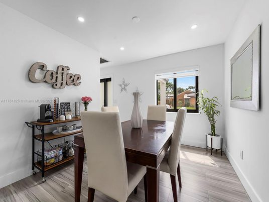 Dining room, Interior, Recessed Lighting, Wood Texture Flooring