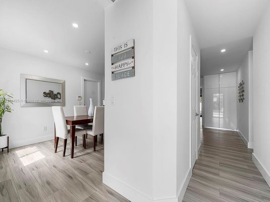Dining room, Interior, Recessed Lighting, Wood Texture Flooring