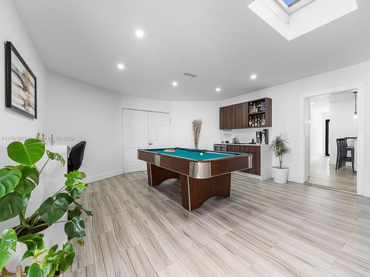 Billiard Table, Game Room, Interior, Pendant Lights, Recessed Lighting, Wood Texture Flooring