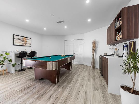 Billiard Table, Game Room, Interior, Recessed Lighting, Wood Texture Flooring