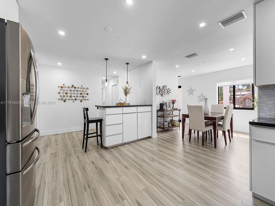 Dining room, Interior, Pendant Lights, Recessed Lighting, Wood Texture Flooring