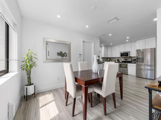 Dining room, Interior, Kitchen, Recessed Lighting, Stainless Steel Appliances, Wood Texture Flooring