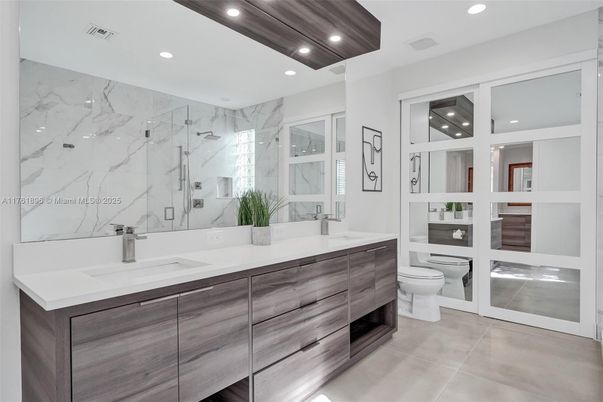 Bathroom, Dual Sink Vanities, Interior, Marble Walls, Recessed Lighting