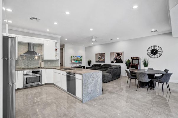 Dining room, Interior, Kitchen, Living room, Recessed Lighting, Stainless Steel Appliances