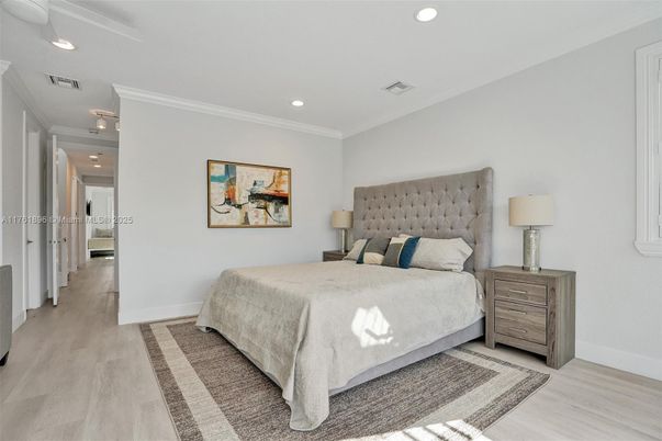 Bedroom, Interior, Recessed Lighting, Wood Texture Flooring