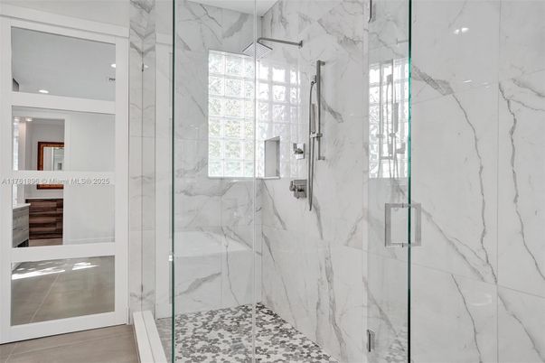Bathroom, Glass Shower, Interior, Marble Walls, Recessed Lighting