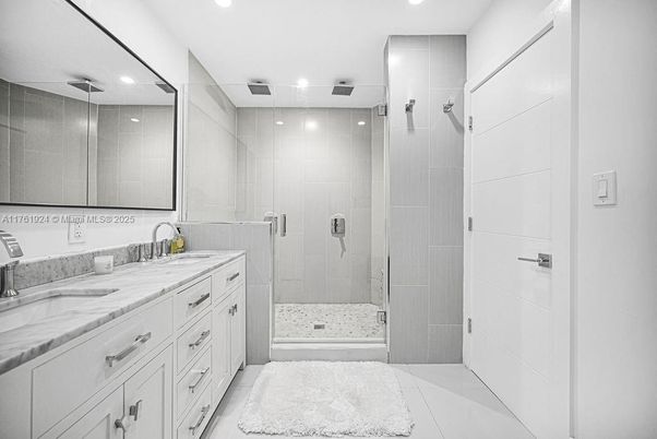 Bathroom, Dual Sink Vanities, Glass Shower, Interior, Recessed Lighting