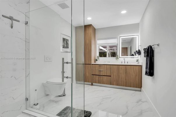 Bathroom, Glass Shower, Interior, Marble, Marble Walls, Recessed Lighting
