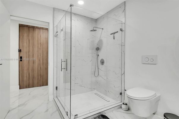 Bathroom, Glass Shower, Interior, Marble, Marble Walls, Recessed Lighting