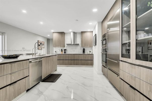 Interior, Kitchen, Marble, Recessed Lighting, Stainless Steel Appliances