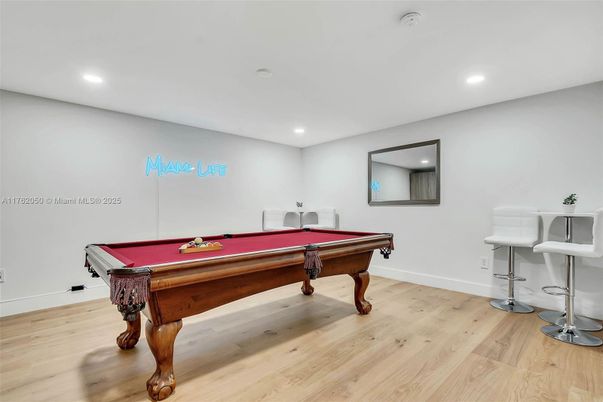 Billiard Table, Game Room, Interior, Recessed Lighting, Wood Texture Flooring