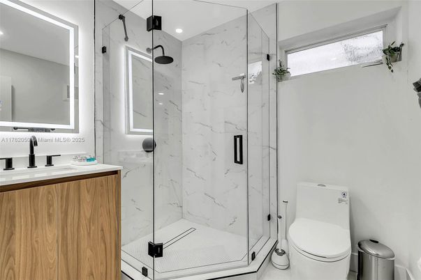 Bathroom, Glass Shower, Interior, Marble Walls, Recessed Lighting