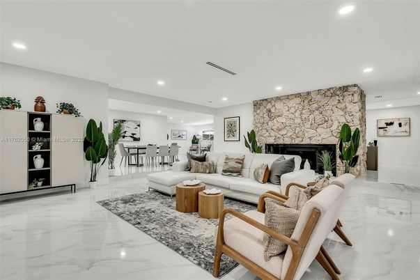 Fireplace, Interior, Living room, Marble, Recessed Lighting, Stone Walls