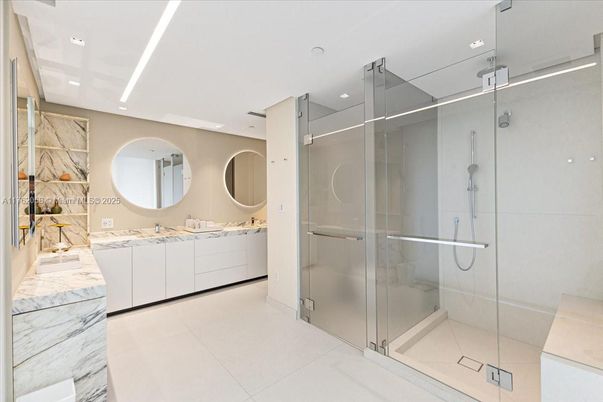 Bathroom, Dual Sink Vanities, Glass Shower, Interior, Marble, Recessed Lighting