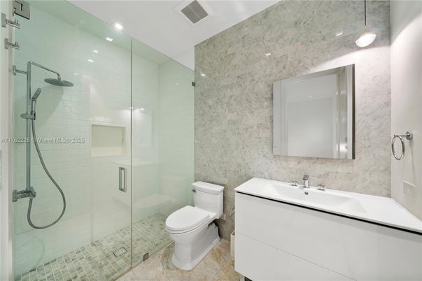 Bathroom, Glass Shower, Interior, Marble Walls, Recessed Lighting