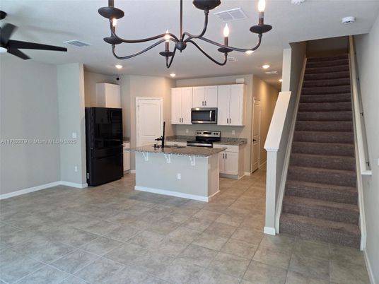 Chandelier, Interior, Kitchen, Pendant Lights, Recessed Lighting, Stainless Steel Appliances