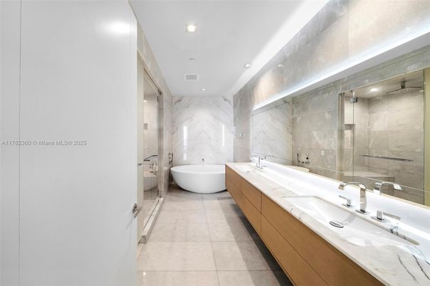 Bathroom, Dual Sink Vanities, Free Standing Baths, Glass Shower, Interior, Marble, Marble Walls, Recessed Lighting