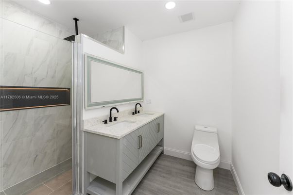 Bathroom, Interior, Marble Walls, Recessed Lighting, Wood Texture Flooring