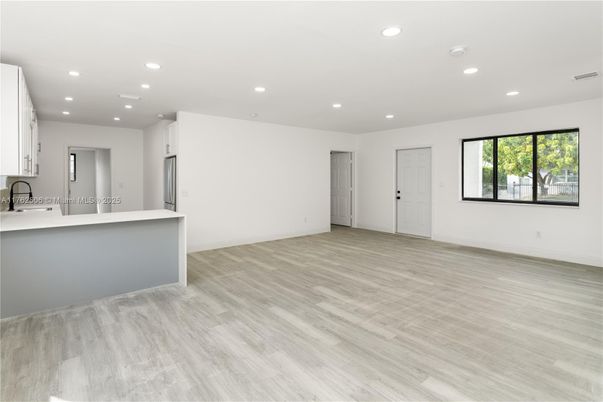 Empty room, Interior, Kitchen, Recessed Lighting, Wood Texture Flooring