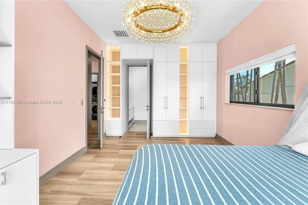 Bedroom, Chandelier, Interior, Wood Texture Flooring