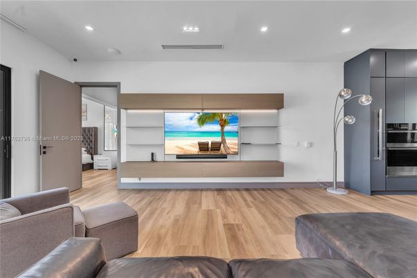 Interior, Kitchen, Living room, Recessed Lighting, Stainless Steel Appliances, Wood Texture Flooring