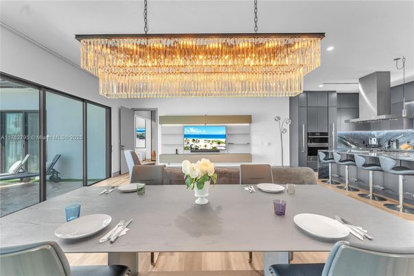 Chandelier, Dining room, Interior, Kitchen, Living room, Recessed Lighting, Stainless Steel Appliances, Wood Texture Flooring