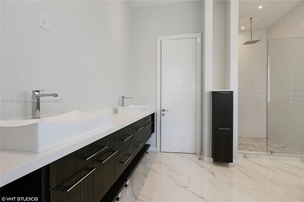 Bathroom, Dual Sink Vanities, Glass Shower, Interior, Marble, Recessed Lighting